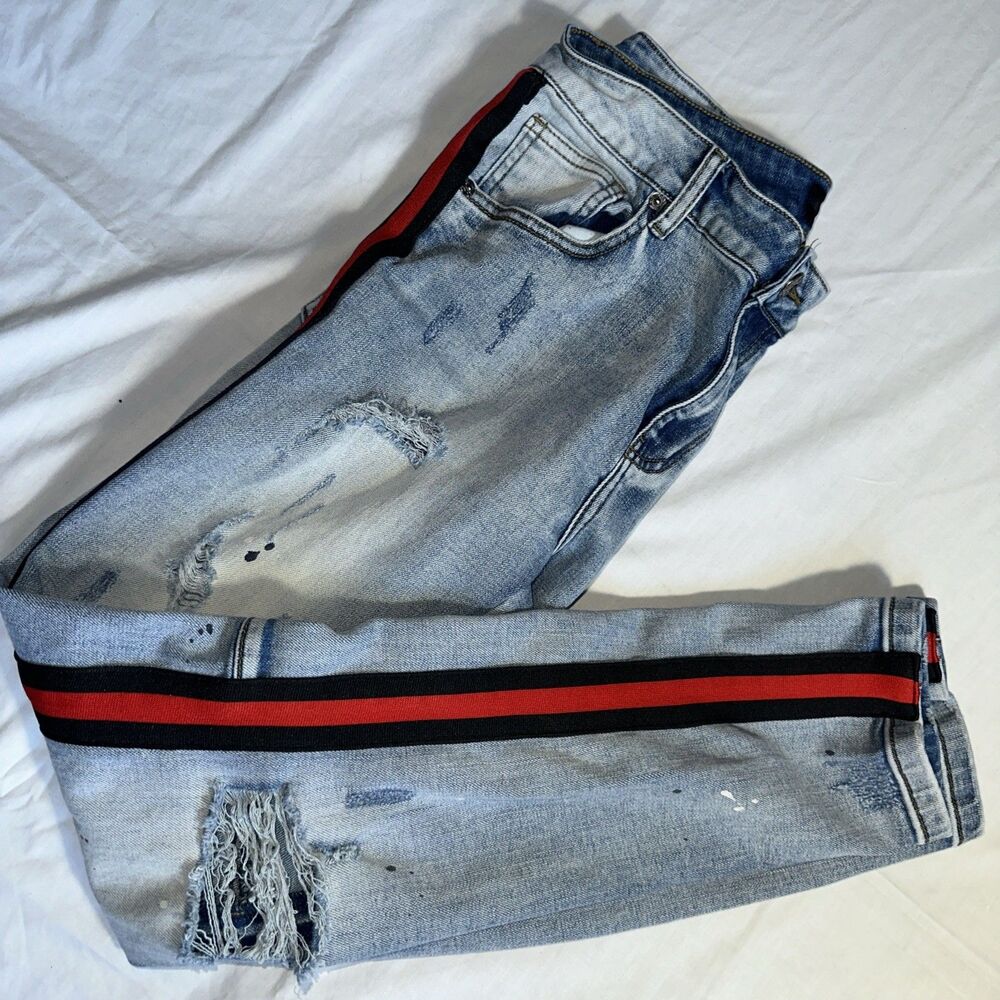 FBRK Light Blue jeans with Red/Black Stripes Distressed With Paint SZ 32